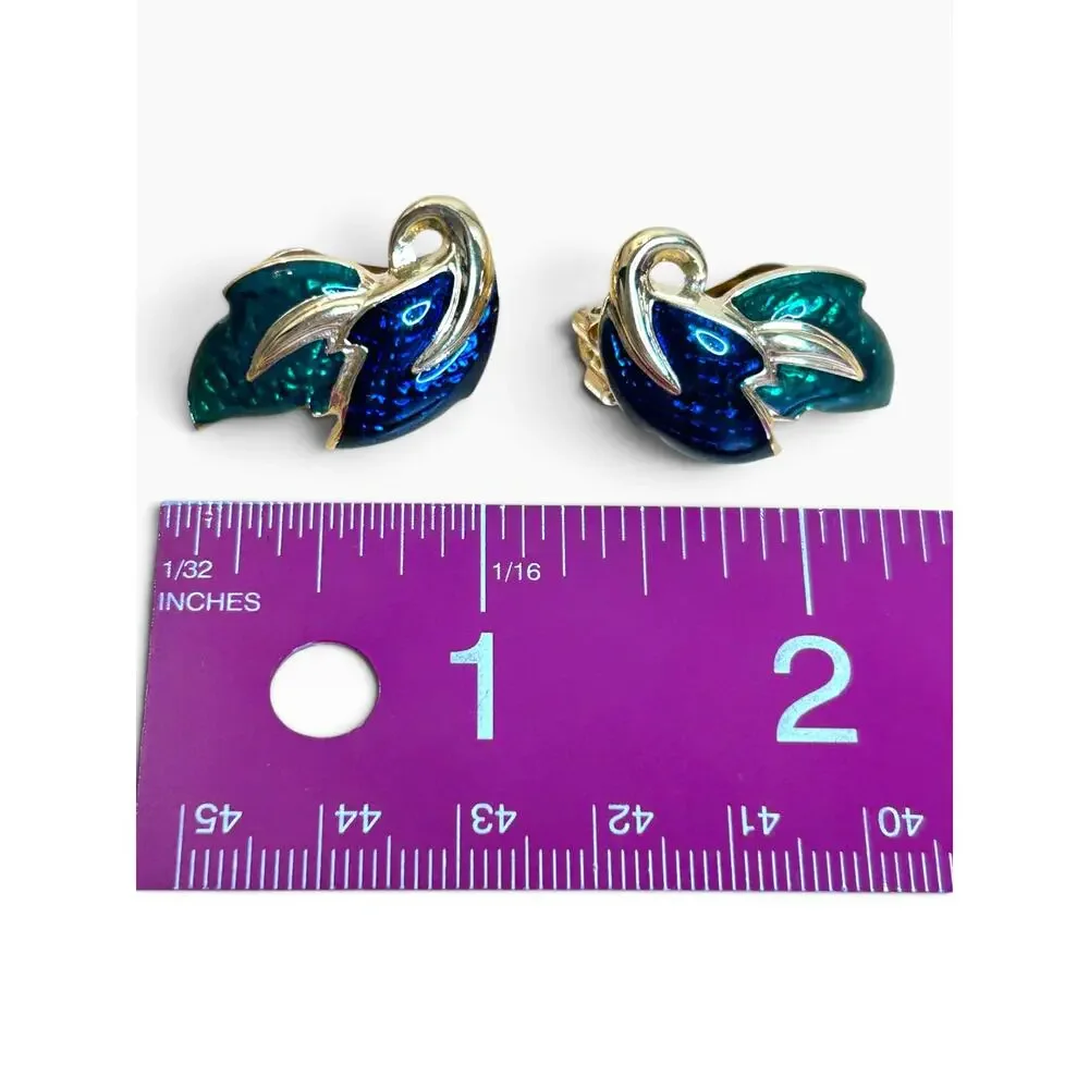Vtg Retro Peacock Blue Emerald Green Enamel Leafy Gold Tone Clip On Earrings